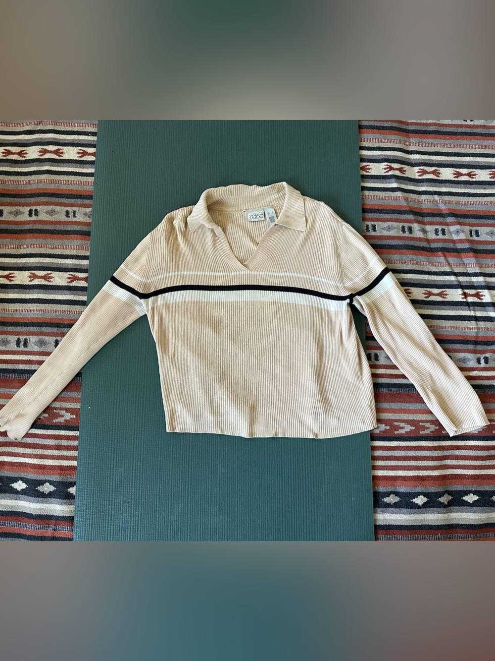 villager Cream Long Sleeve Polo Sweater with Black & White Stripes